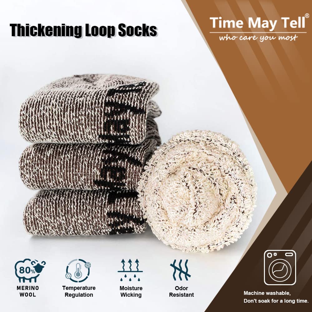 Time May Tell Mens Merino Wool Hiking Cushion Socks Thermal Warm Crew Winter Boot Socks Pack (2Brown,Light Grey,Dark Grey(4 pairs),US Size 9~13)