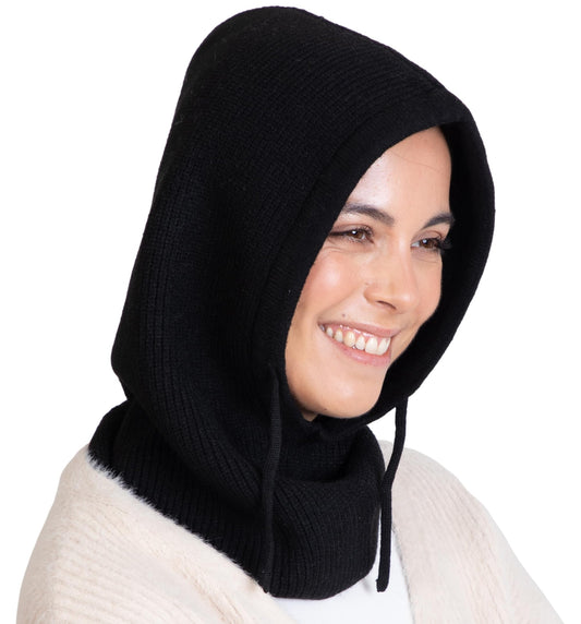 Brook + Bay Knitted Hooded Scarf w/Drawstrings - Knit Balaclava Hood Scarf for Women Winter - Stylish Hooded Hat, Neck Warmer Black