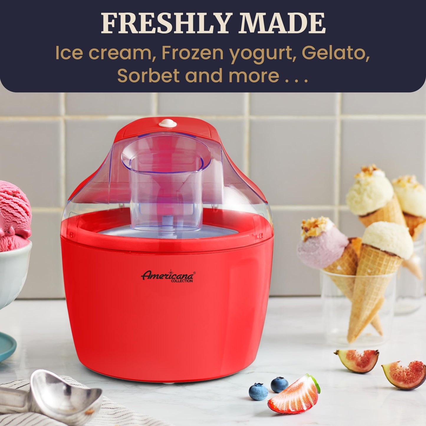 Americana EIM-1400R 1.5 Qt Freezer Bowl Automatic Easy Homemade Electric Ice Cream Maker, Ingredient Chute, On/Off Switch, No Salt Needed, Creamy Ice Cream, Gelato, Frozen Yogurt, Sorbet, Recipe Book