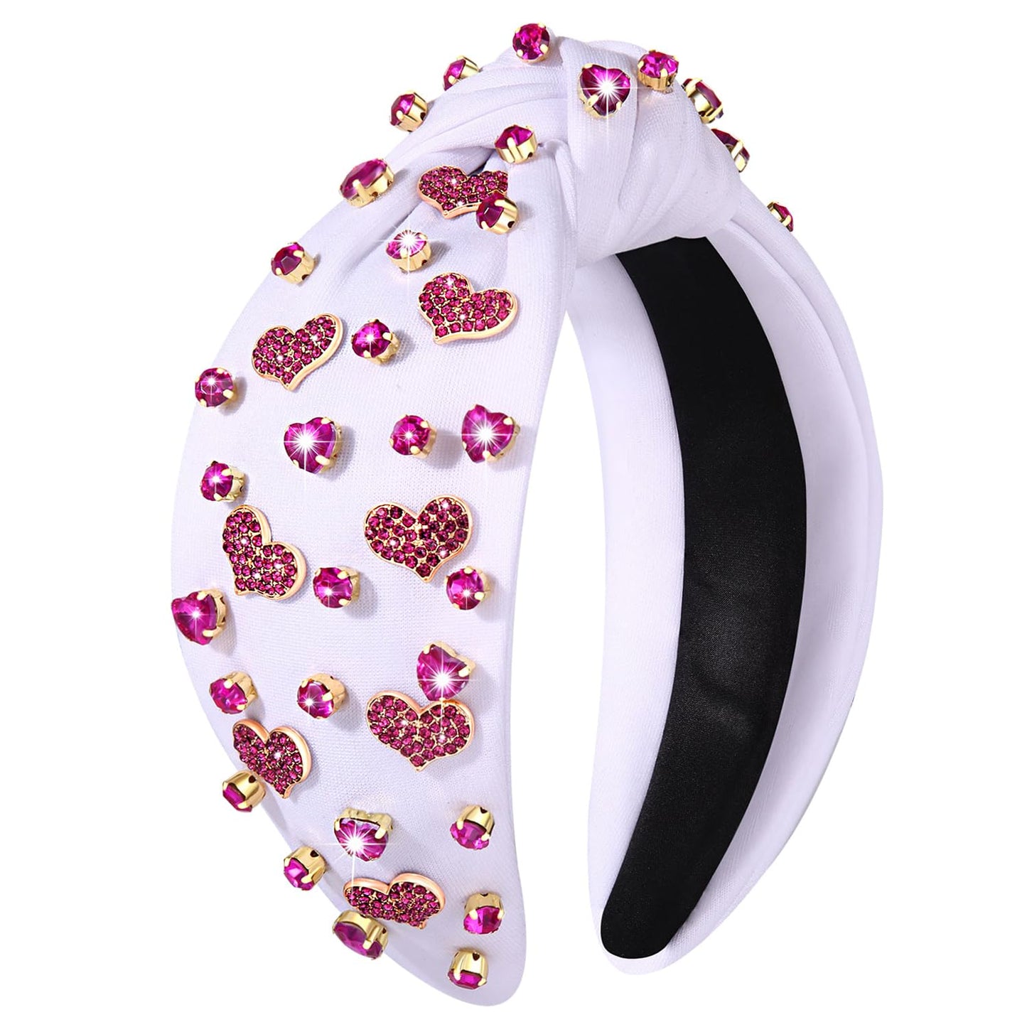 NVENF Women's Jeweled Crystal Rhinestone Knotted Wide Top Knot Headband - Red Pink Love Heart Hair Accessory Gift