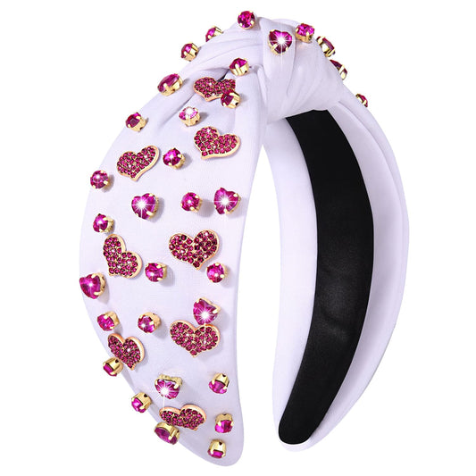 NVENF Women's Jeweled Crystal Rhinestone Knotted Wide Top Knot Headband - Red Pink Love Heart Hair Accessory Gift