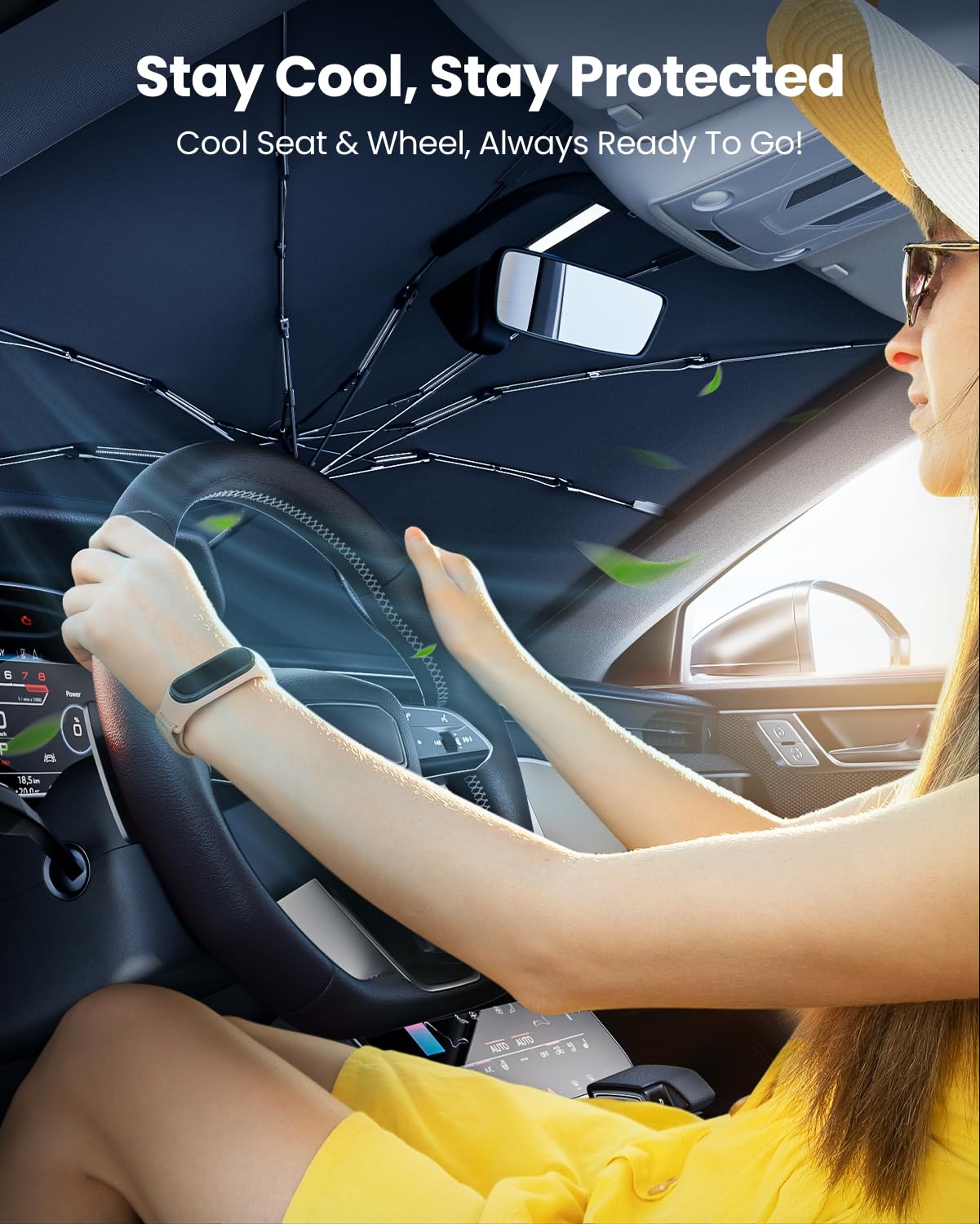 REEVAA 2025 Car Windshield Sun Shade Umbrella [2025 Upgrade Sun Protection & Keep Cool] Protect Interior, 360° Flex Handle Sun Shield Sunshade, Medium (57" x 32") for Most Car