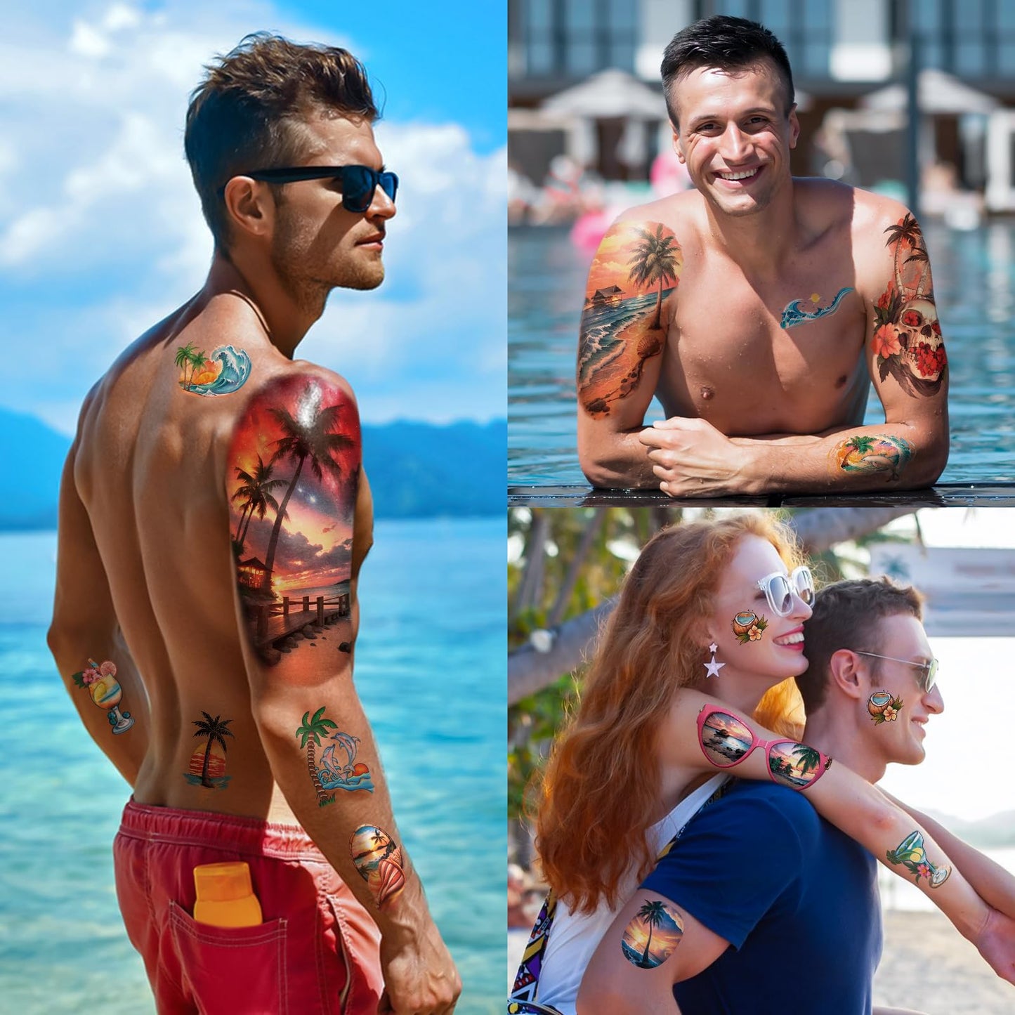 77 Sheets Temporary Tattoo for Women and Men, 17 Sheets Half Arm Beach Flower Skull Sunset Fake Tattoos, 60 Sheets Holiday Ocean Tiny for Adults Kids Body Tattoos Stickers Waterproof Realistic