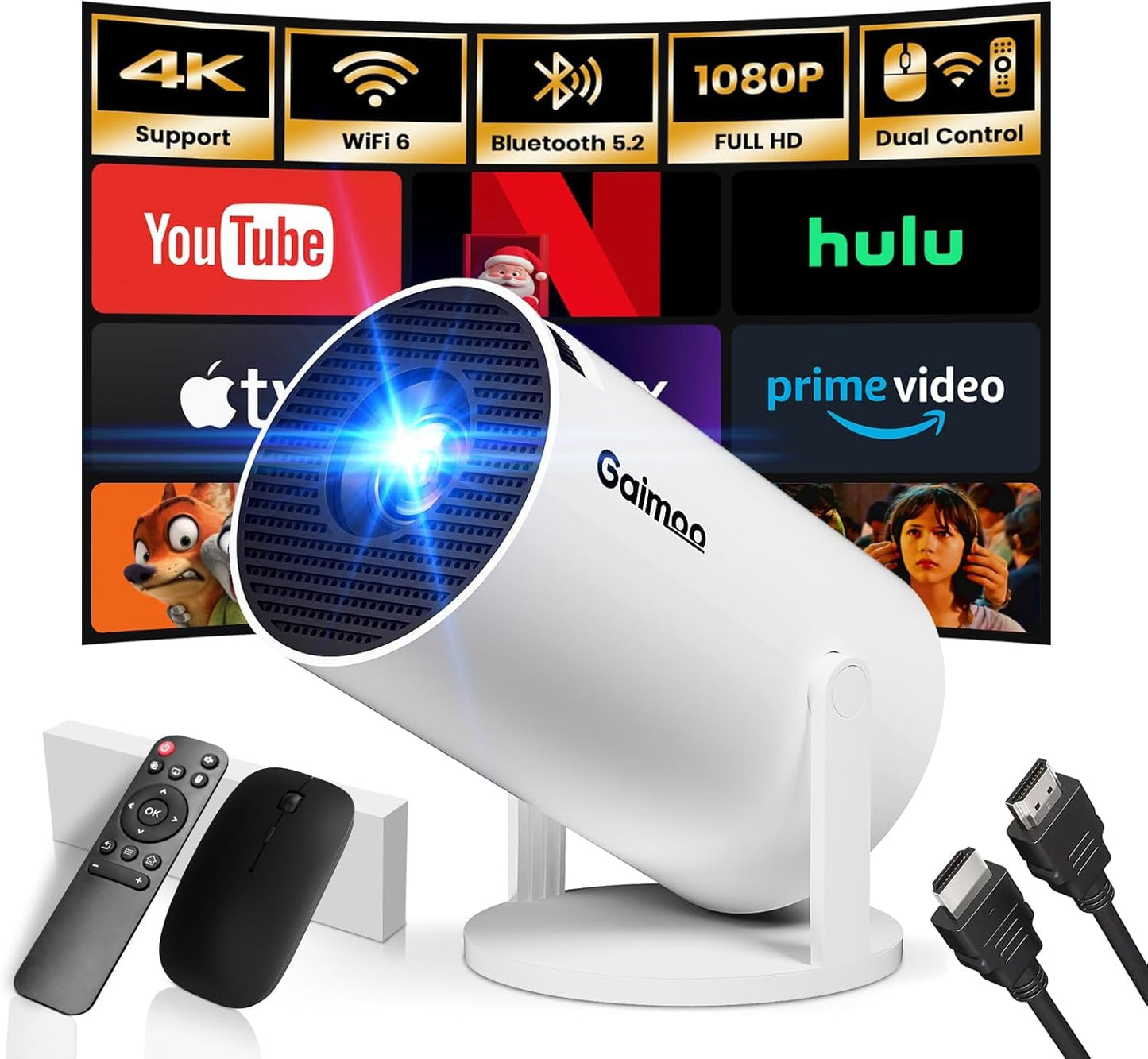 [Built-in App] Mini Projector with WiFi and Bluetooth 2025 Upgraded 1080P FHD 4K Support Projector with Mouse Portable Projector Auto Keystone Compatible with TV Stick/Memory Stick/USB/Laptop