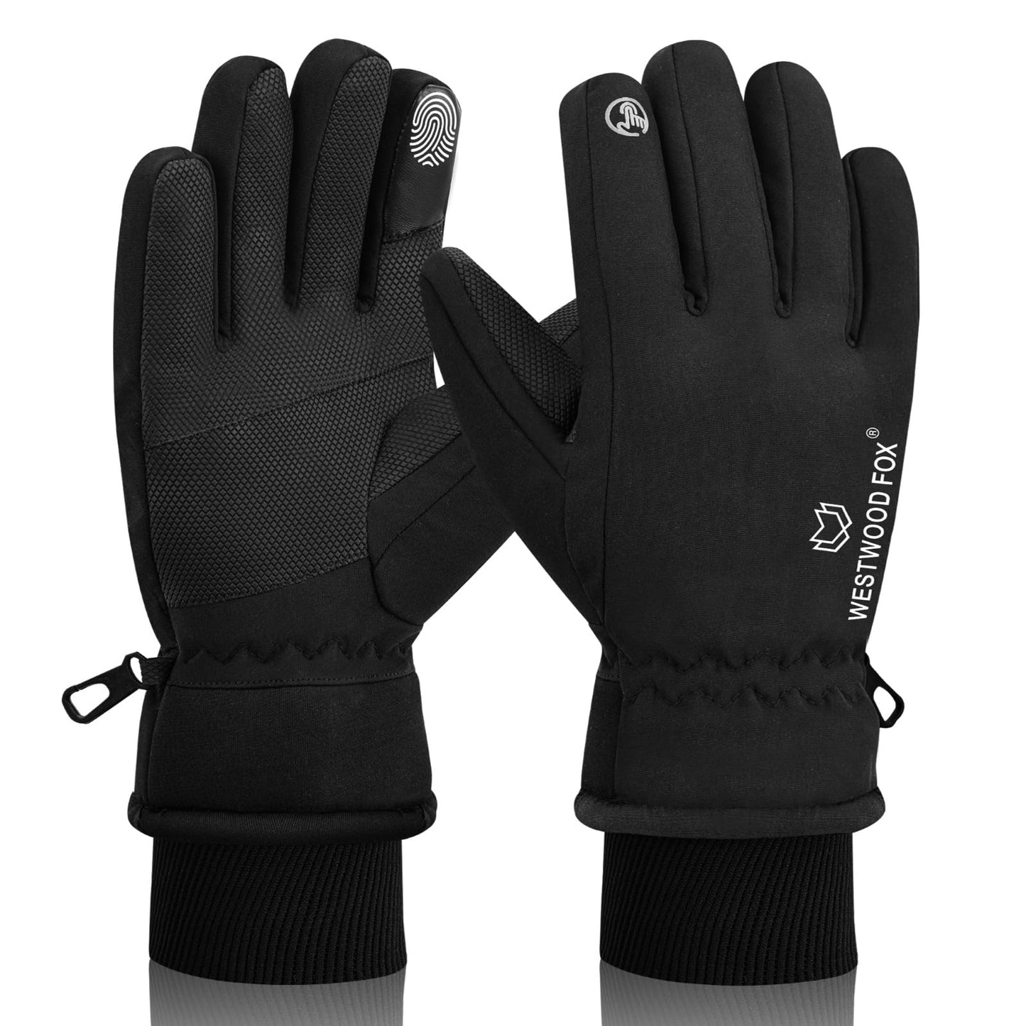 WESTWOOD FOX Waterproof Winter Gloves for Men & Women,Windproof, Warm Ski Gloves, Touchscreen, Anti-Slip Grip Gloves for Cycling, Snowboarding, Hiking, Running, Driving and Outdoor Sports (Black, L)