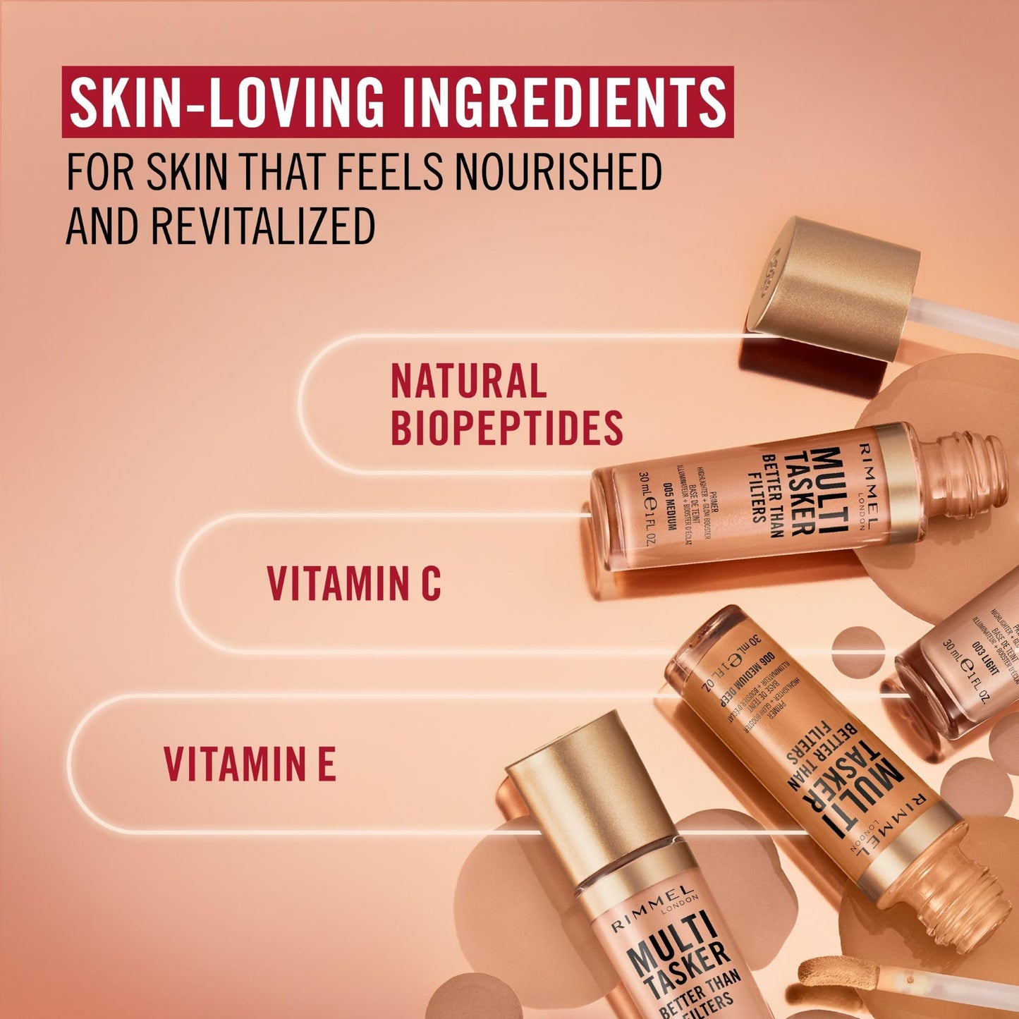 Rimmel Multi-Tasker Better Than Filters, 007 Deep, Face Primer, Glow Booster and Highlighter, Vegan Formula, Anti-Ageing Benefits, Light-Reflecting Pigments, Giant Soft-Touch Wand, 1oz