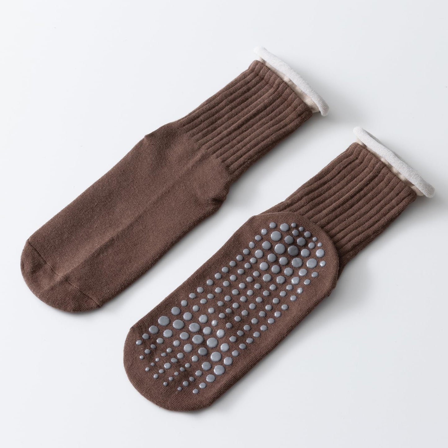 Yoga Pilates Socks with Grips for Women Non Slip Colorful Cushioned Crew Socks for Barre Ballet Dance (Dark Coffee)