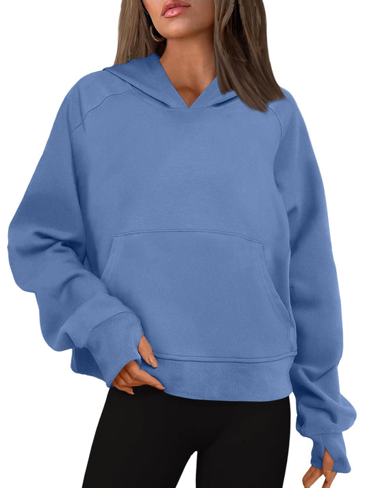 Bellcoco Womens Hoodies Pullover Cropped Sweatshirts Fall Winter Outfits Clothes for Wowen with Pocket Thumb Hole Blue