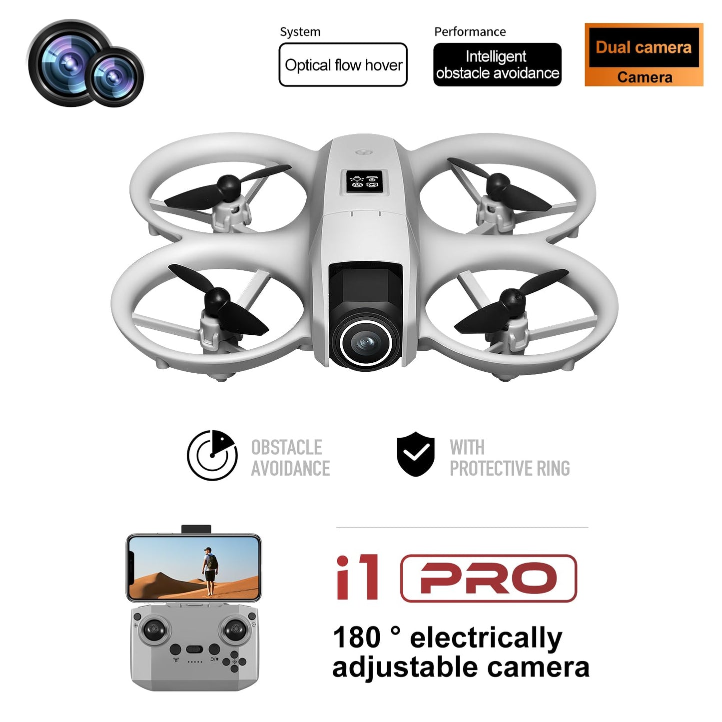 Drone with HD Camera for Adults, 360° Rolling Intelligent Obstacle Avoidance One-Key Takeoff/Landing, Headless Mode 2 Batteries Remote Control Drone Portable Mini Aircraft Gifts for Beginners Teens