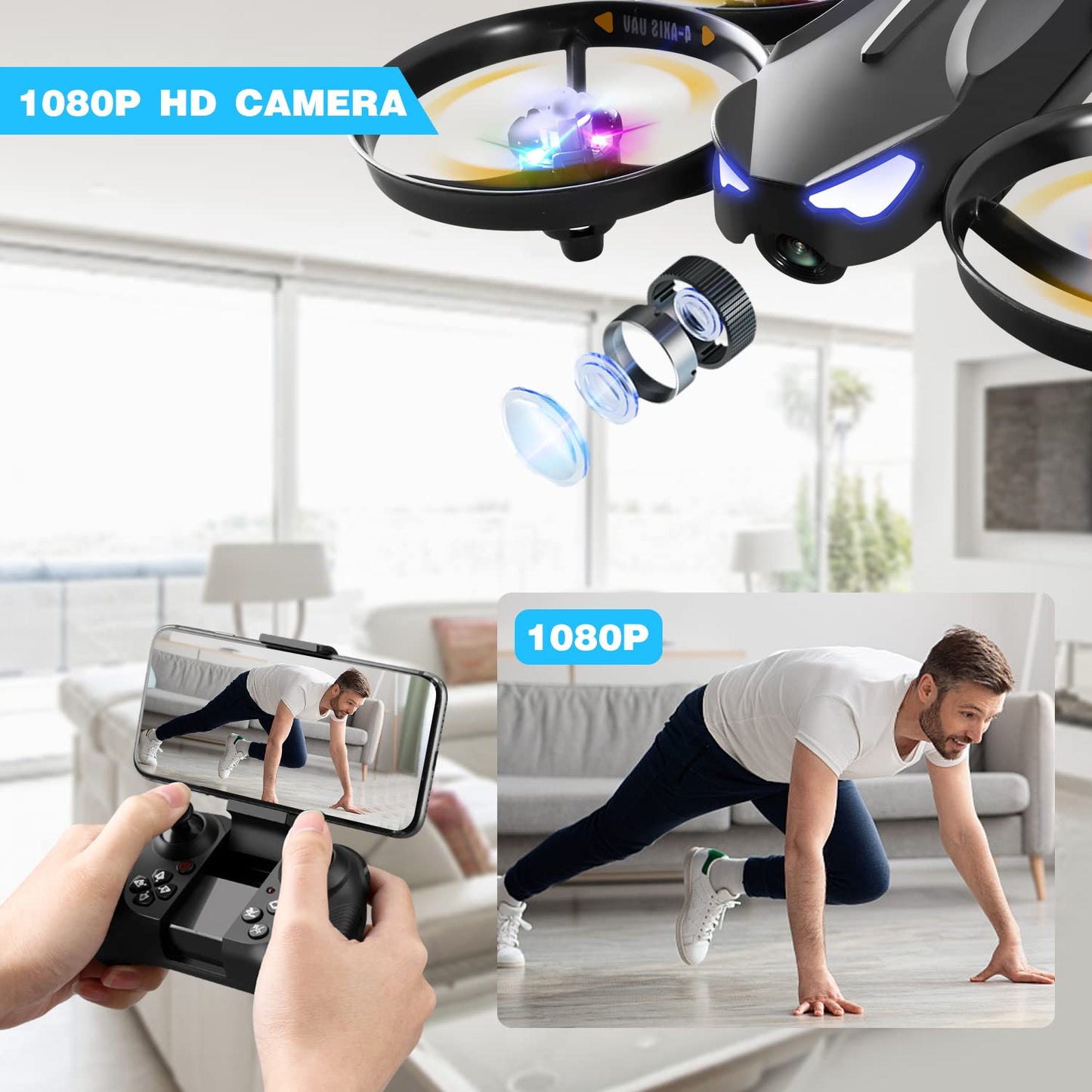 4DRC V16 Drone with Camera for Kids,1080P FPV Camera Mini RC Quadcopter Beginners Toy with 7 Colors LED Lights,3D Flips,Gesture Selfie,Headless Mode,Altitude Hold,Boys Girls Birthday Gifts,