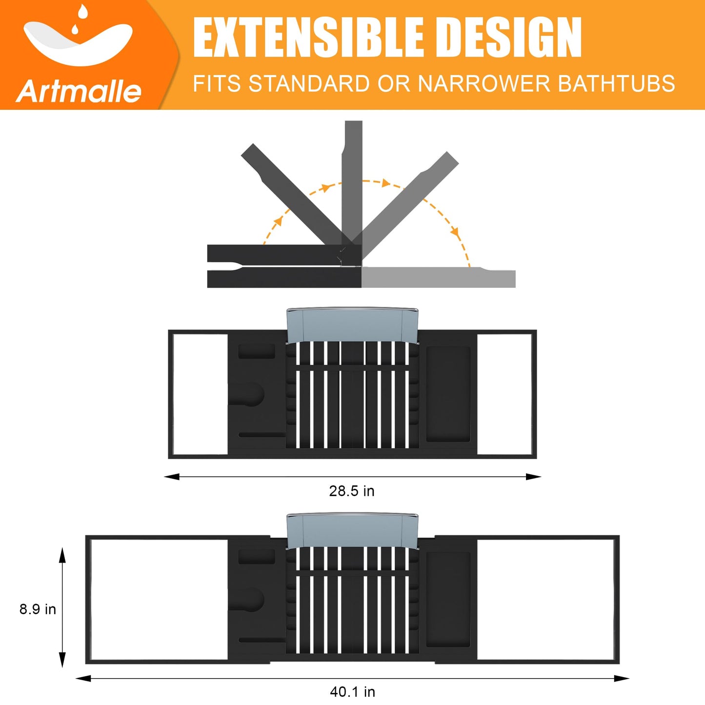 Luxury Bathtub Caddy Tray for Tub - Foldable Bamboo Bath Table Tray with Book and Wine Glass Holder, Expandable Bathroom Accessories for Spa or Reading Lite Style,Black