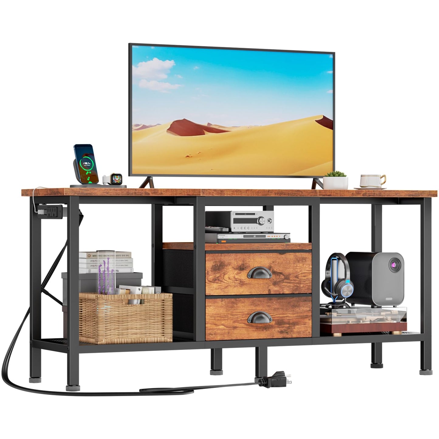 Furologee TV Stand with Power Outlets and 2 Fabric Drawers, 42 Inch Small Entertainment Center with Open Storage Shelves, Simple TV Console Table for Bedroom, Living Room, Rustic Brown