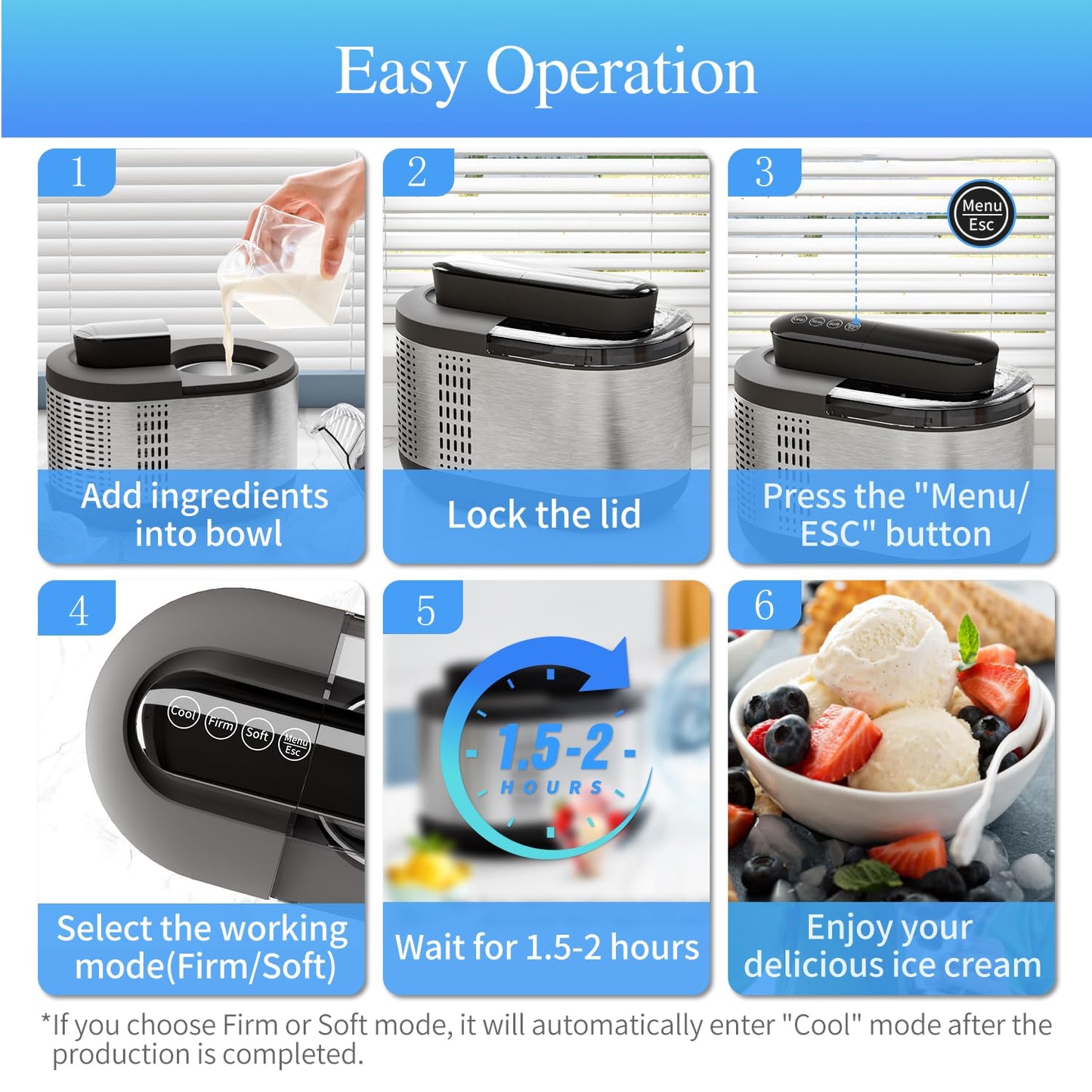 Ice Cream Maker Machine Automatic: TINANA Icecream Machine with LCD Display - Electric Gelato Maker - No Pre-freezing