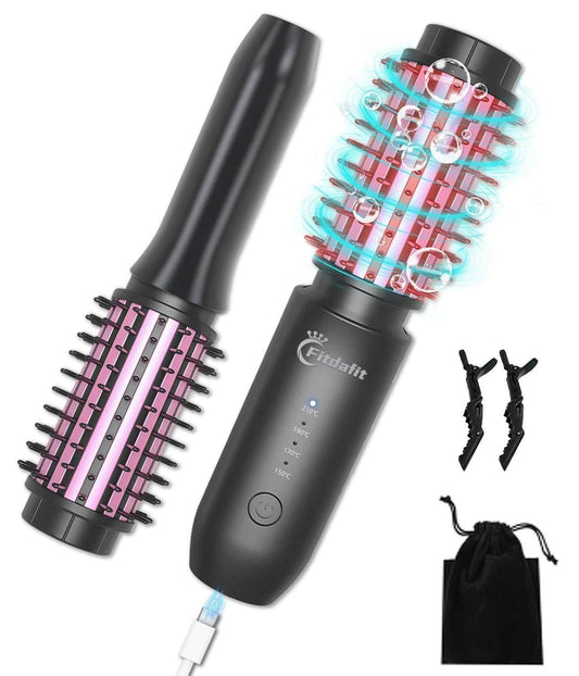 Fitdafit Cordless Hair Curling Iron Brush, 1.5" Mini Cordless Hair Curler, 3-in-1 Travel Curling Brush Hair Straightener Comb Rechargeable, 410℉ Heated Ionic Curling Tool for All Styles, Black