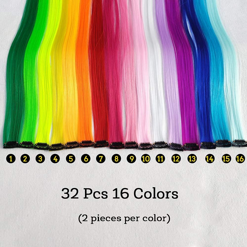 KGBFASS 32Packs Colored Hair Extensions 20Inch Straight Color Clip in on Hair Extension Rainbow Party Highlights Synthetic Hairpiece for Girls (16 colors)