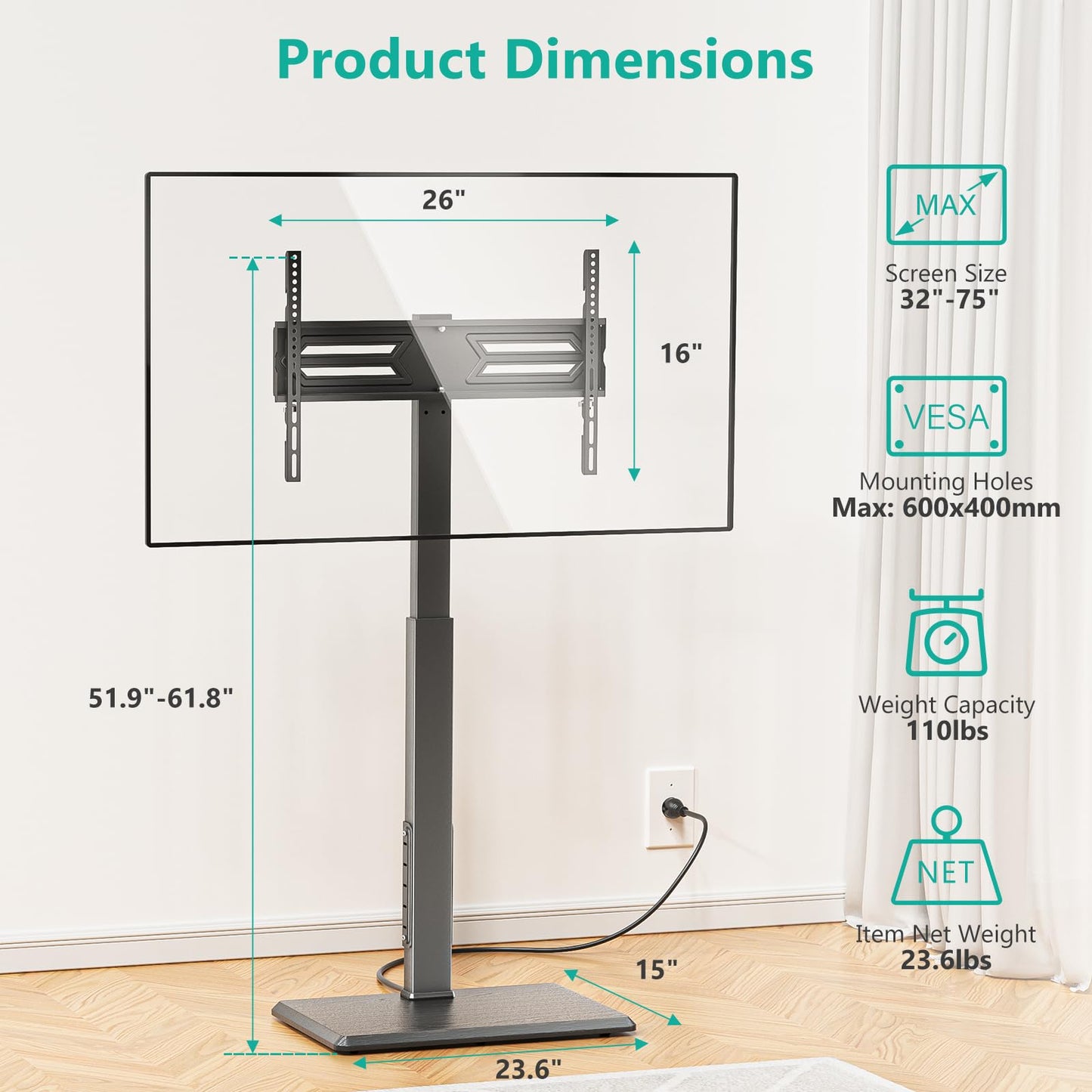 WALI Floor TV Stand with Power Outlet, Tall TV Stand Mount for 32-75 inch TV up to 110 lbs, Swivel and Height Adjustable TV Stands with Wood Base for Bedroom, Office(TVDVD-7P), Black