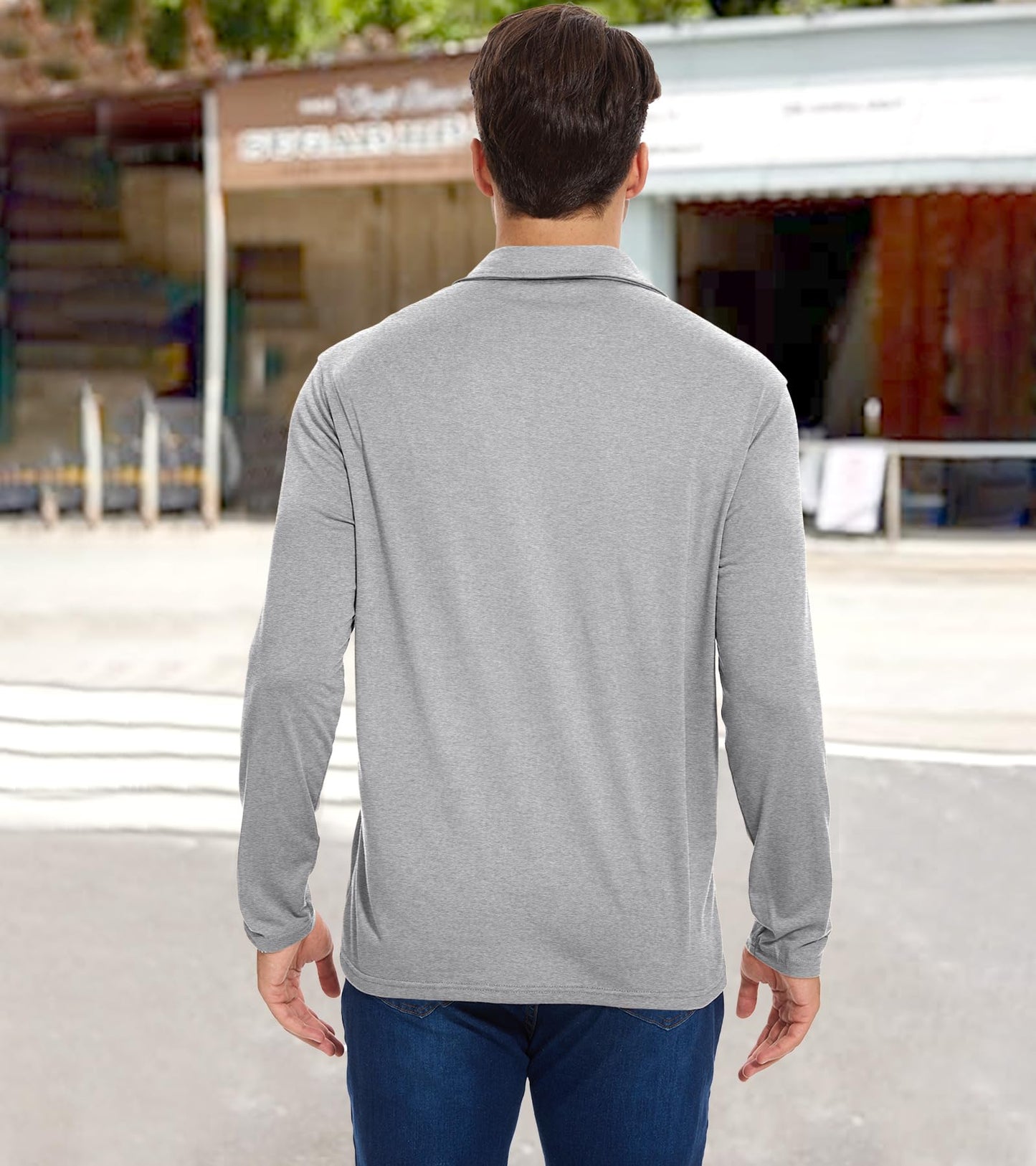 koufland Men Collar Polo Shirts Long Sleeve Button Down Shirt Lightweight Versatile Work Gym Golf Stylish Top Shirt with Pocket for Men(1-Light Gray,Medium)