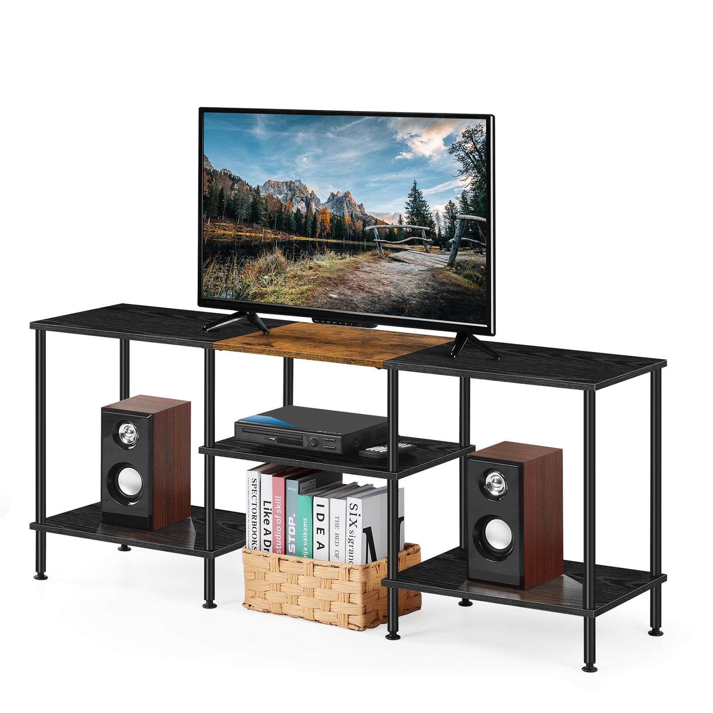 50 inch TV Stand 3 Tier Entertainment Center with Storage Shelves Small Tall Television Console Table with Metal Frame, Industrial TV Cabinet for Living Room Bedroom, Black