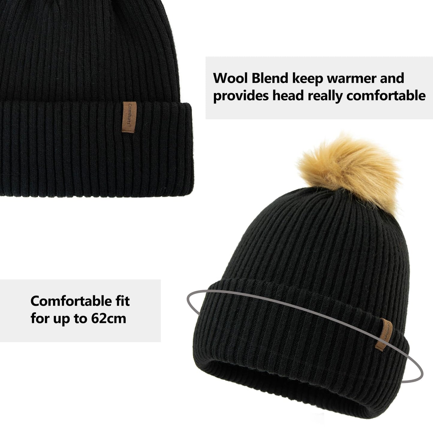 TOP-EX M/L/XL Women Winter Beanie Pom Hat Warmer Wool Cashmere Knitted Cap Double Layer Hat Cold Weather Snow Hat with Faux Fur Pompom Black