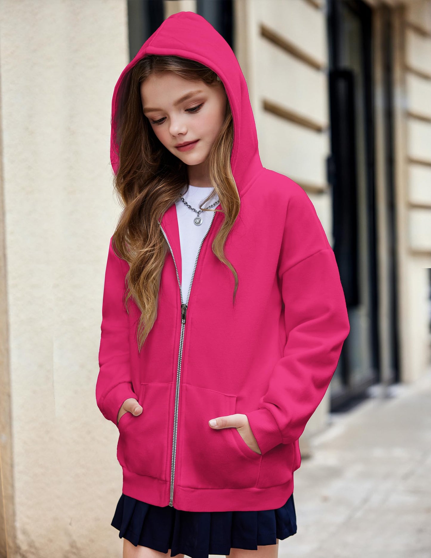 Arshiner Tween Girls Fuzzy Zipper Hoodie Sweatshirt Pink Winter Basic Jacket With Kangaroo Pocket for 12-13 Years