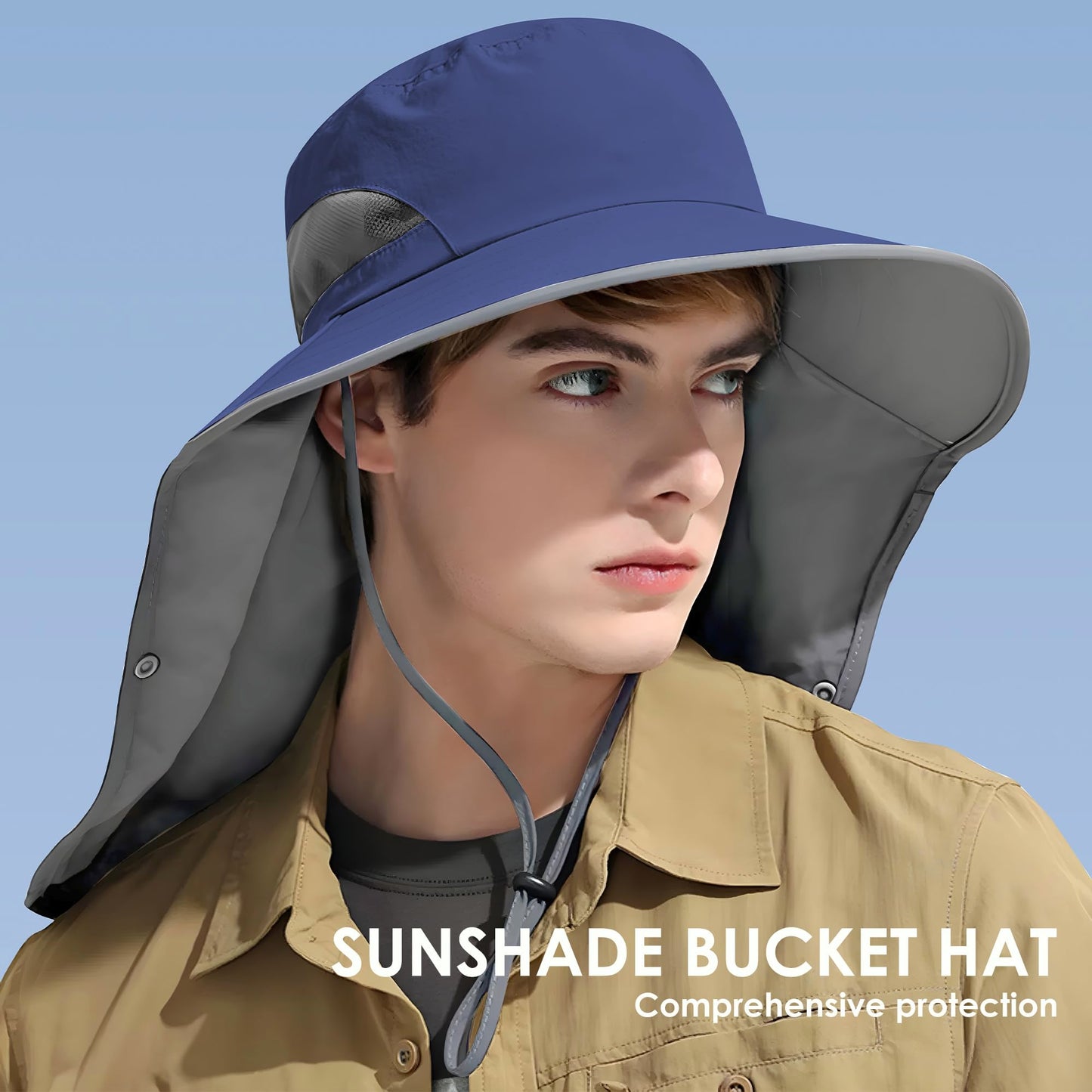Outdoor Sun Hat Detachable Neck Face Flap UPF 50+UV Protection Visor Fishing Hats with Neck Flap for Men & Women Navy