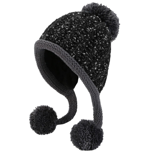 HUAMULAN Women Winter Knit Ear Flaps Beanie Hats Sherpa Peruvian Cover Ears Warm Fleece Lined Fluffy Ski Snow Hat 3 Pompoms
