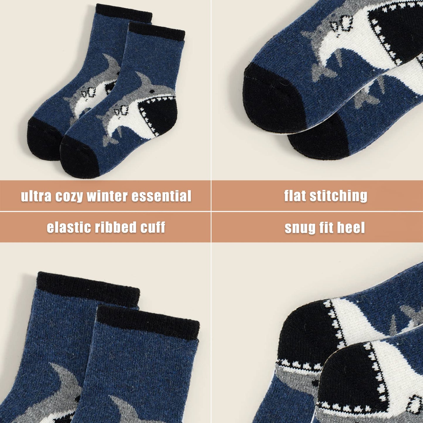 Boys Wool Socks Kids Thick Winter Socks Thermal Crew Socks for Boys 6 Pairs Big Sharks Size 6-8 Years