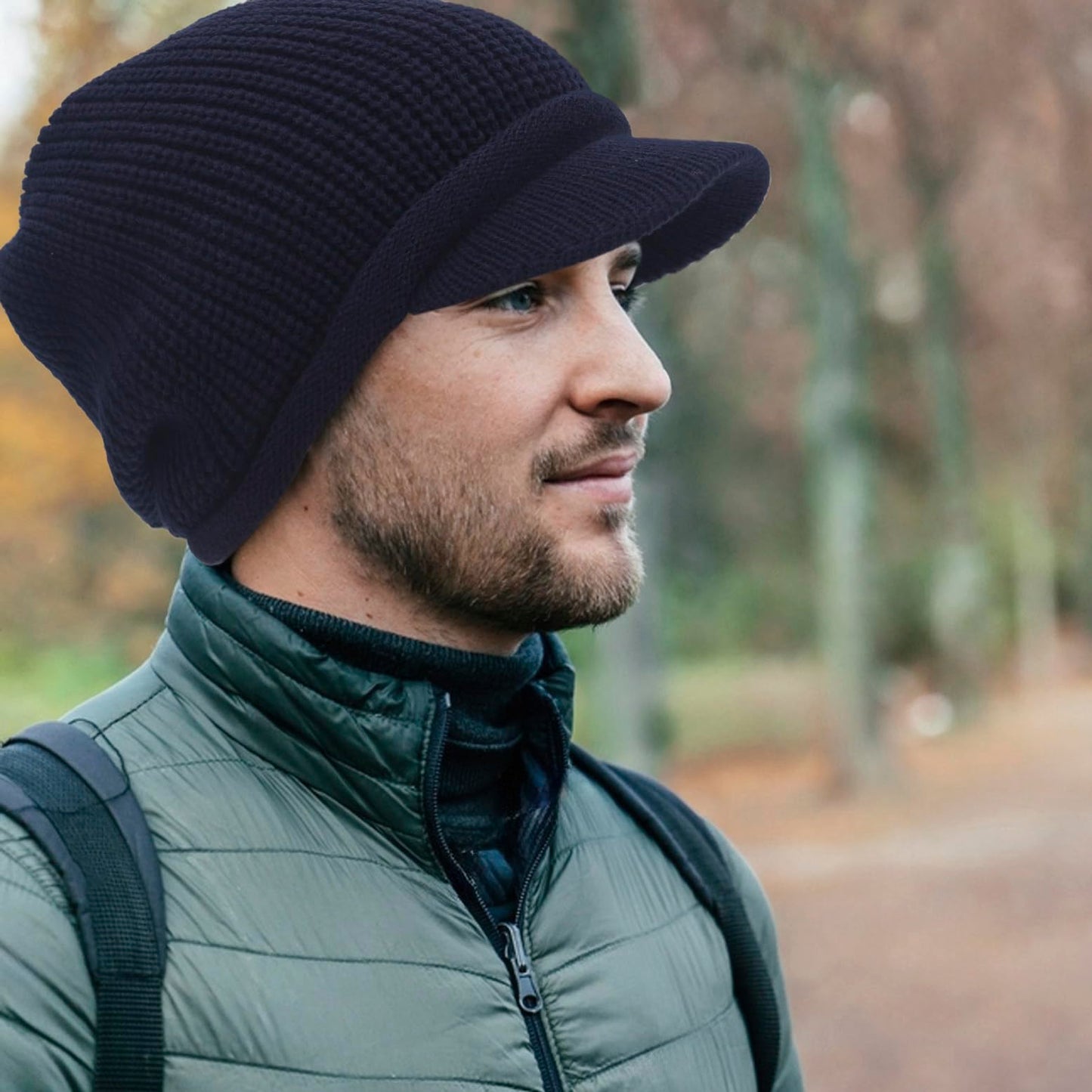 Winter Beanie with Visor - Stylish Knit Hat with Bill - Thick Brimmed Beanies with Fleece Lining Men and Women(B326-Grey)