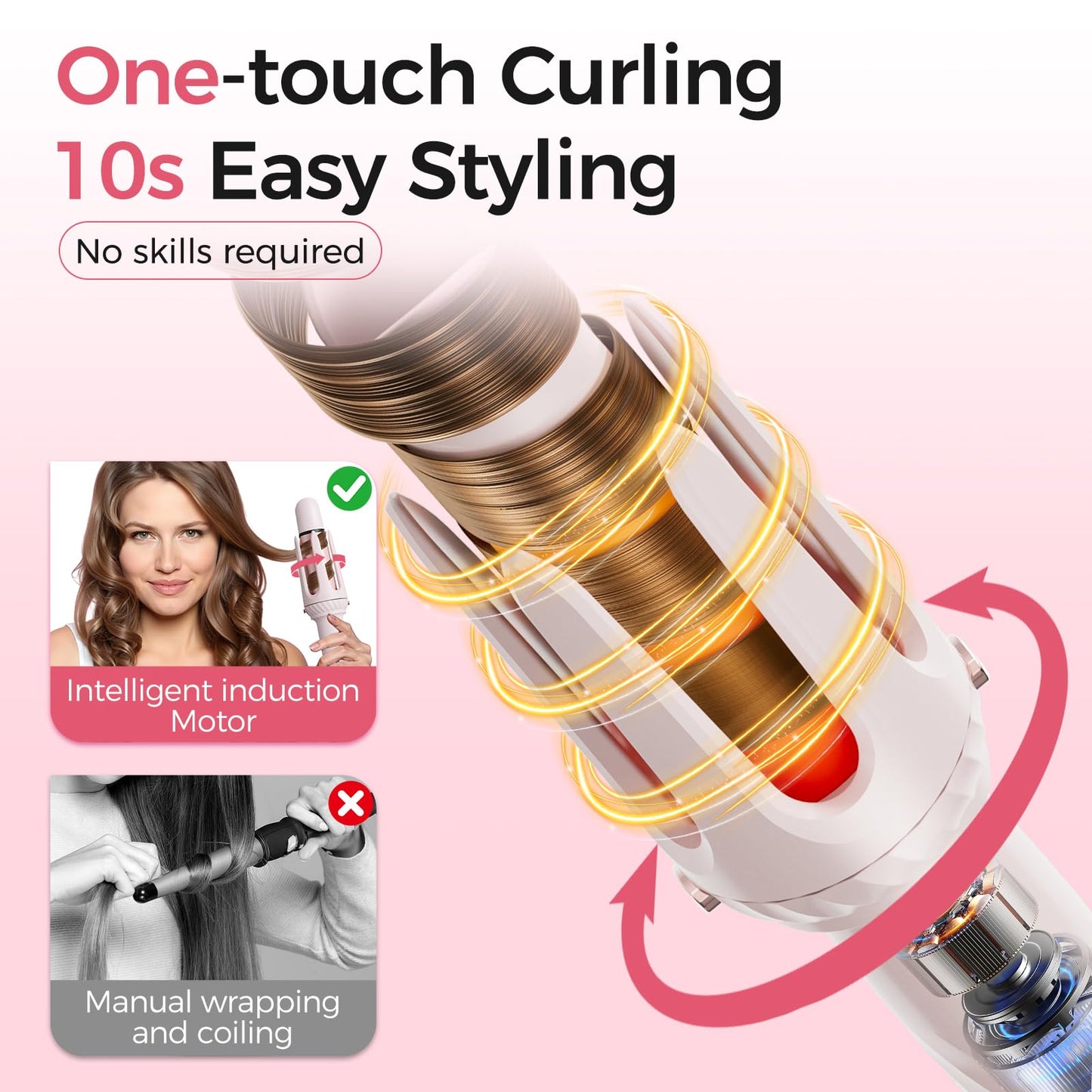 Wollea Automatic Curling Iron, Beach Wave Curling Wand, Portable Rotating Curler, Dual Voltage, Lightweight and Portable, Ceramic Coated, Straightening Brush, 1inch and 1.25 inch 3-in-1, Pink