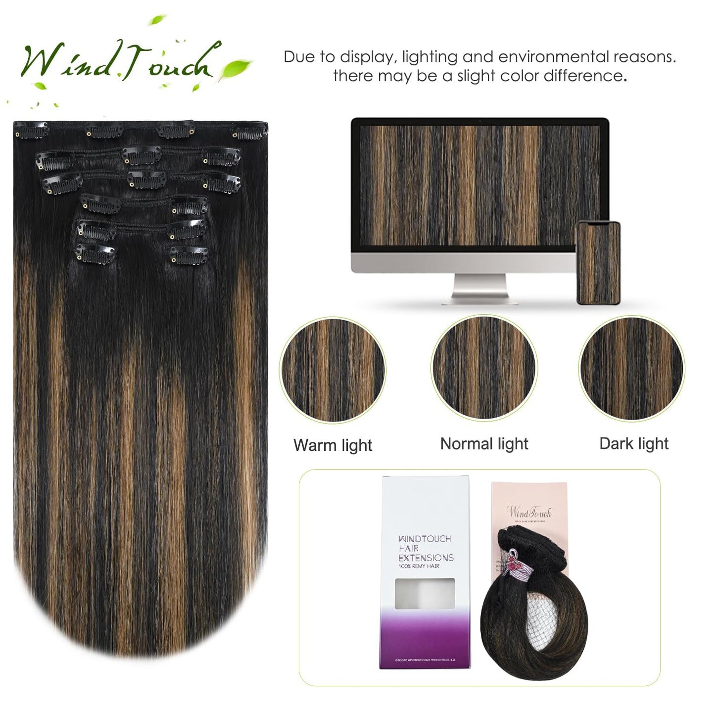 WindTouch Clip in Hair Extensions Human Hair Balayage Natural Black to Chestnut Brown Highlights for Black Hair 12Inch 75g #1BT6P1B 7PCS