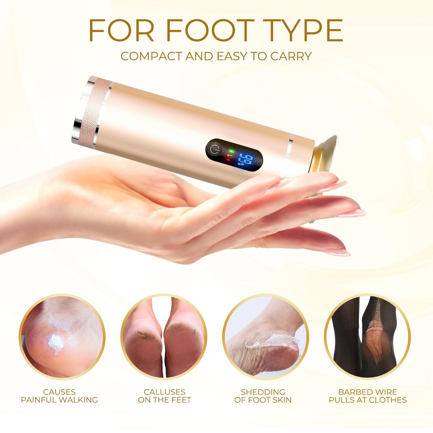 krofaue Electric Foot File Callus Remover - Electric Callus Remover for Feet Rechargeable Foot Grinder Professional Pedicure Tools 2 Speed Adjustable with 60pcs Sandpaper for Dead Cracked（Gold）