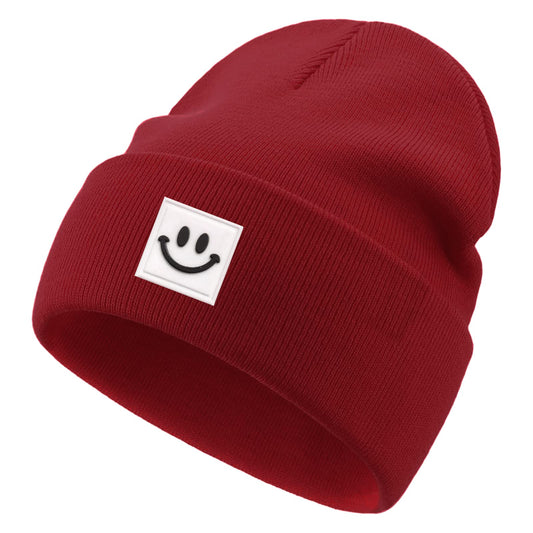 lycycse Beanie Hats for Women Men Knit Warm Winter Hat with Smile Face Unisex Soft Cuffed Acrylic Beanies Ski Hat Skull Cap Burgundy