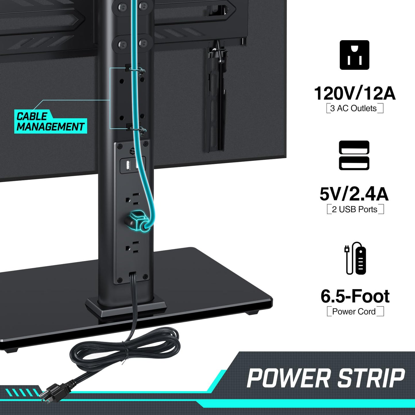 Greenstell TV Stand with Power Outlet, Universal TV Mount Stand for 27-65 inch TVs, Height Adjustable, Swivel Table Top TV Stand with Tempered Glass Base, Holds up to 88 LBs, Max VESA 400x400mm
