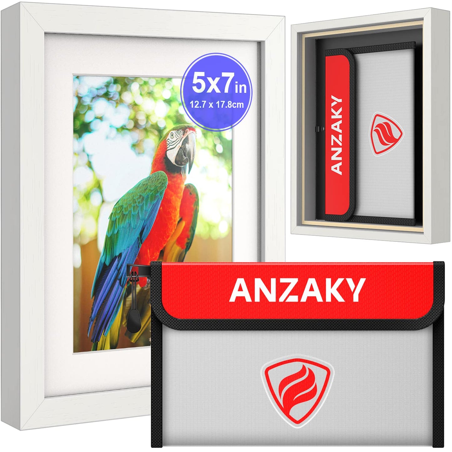 ANZAKY Photo Picture Frame Diversion Safe with Fireproof & Waterproof Money Bag, Valuable Storage, Home Security, Mini Box with Hidden Compartment to Shield your Money, Cash, White 5"x7"