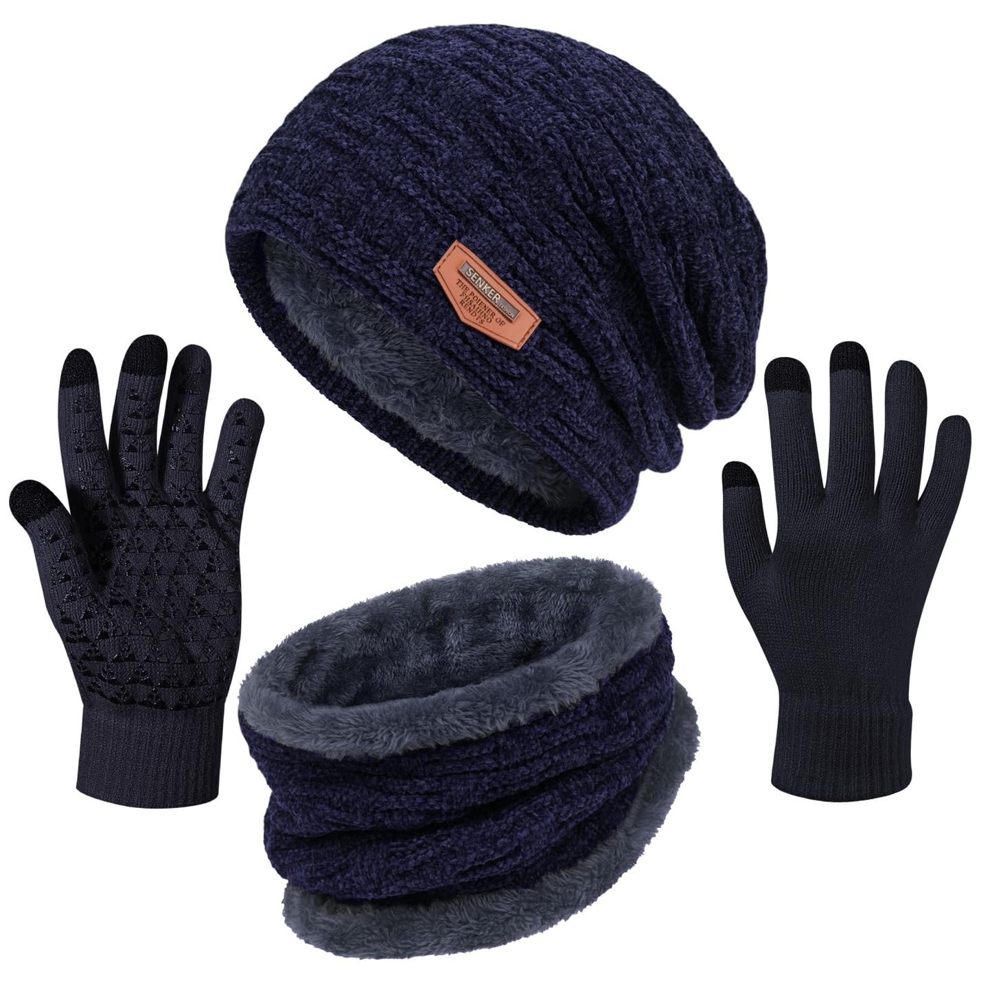 3 Pieces Winter Hat Scarf and Gloves Set for Men and Women, Knit Slouchy Beanie Cap Neck Warmer Screen - Touch Texting Gloves Navy