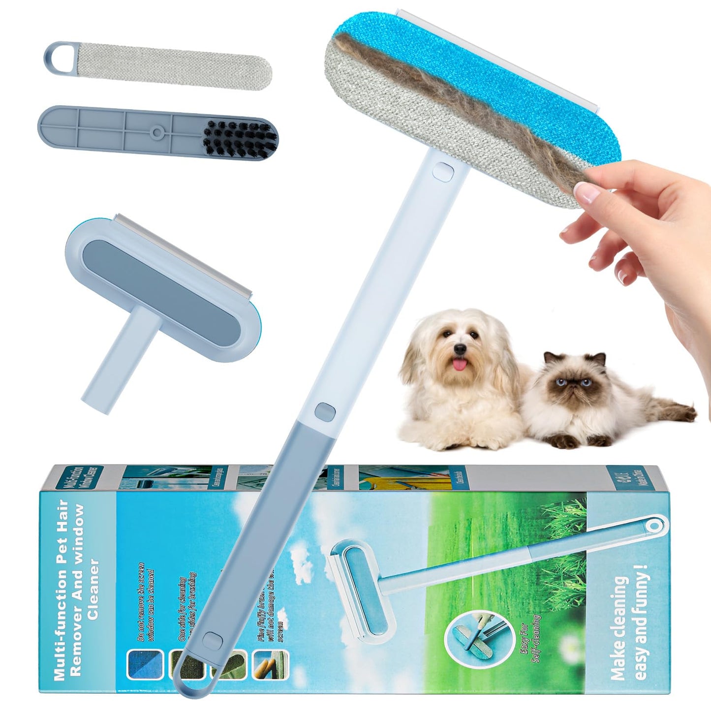 Multifunctional Pet Hair Remover Tool, 4 in 1-Reusable Washable Long Handle Dog&Cat Fur Hair Remover for Furniture,Carpet,Couch,Clothes,Bedding,Car,Window,Better Than Lint Rollers, with 2 Scrapers