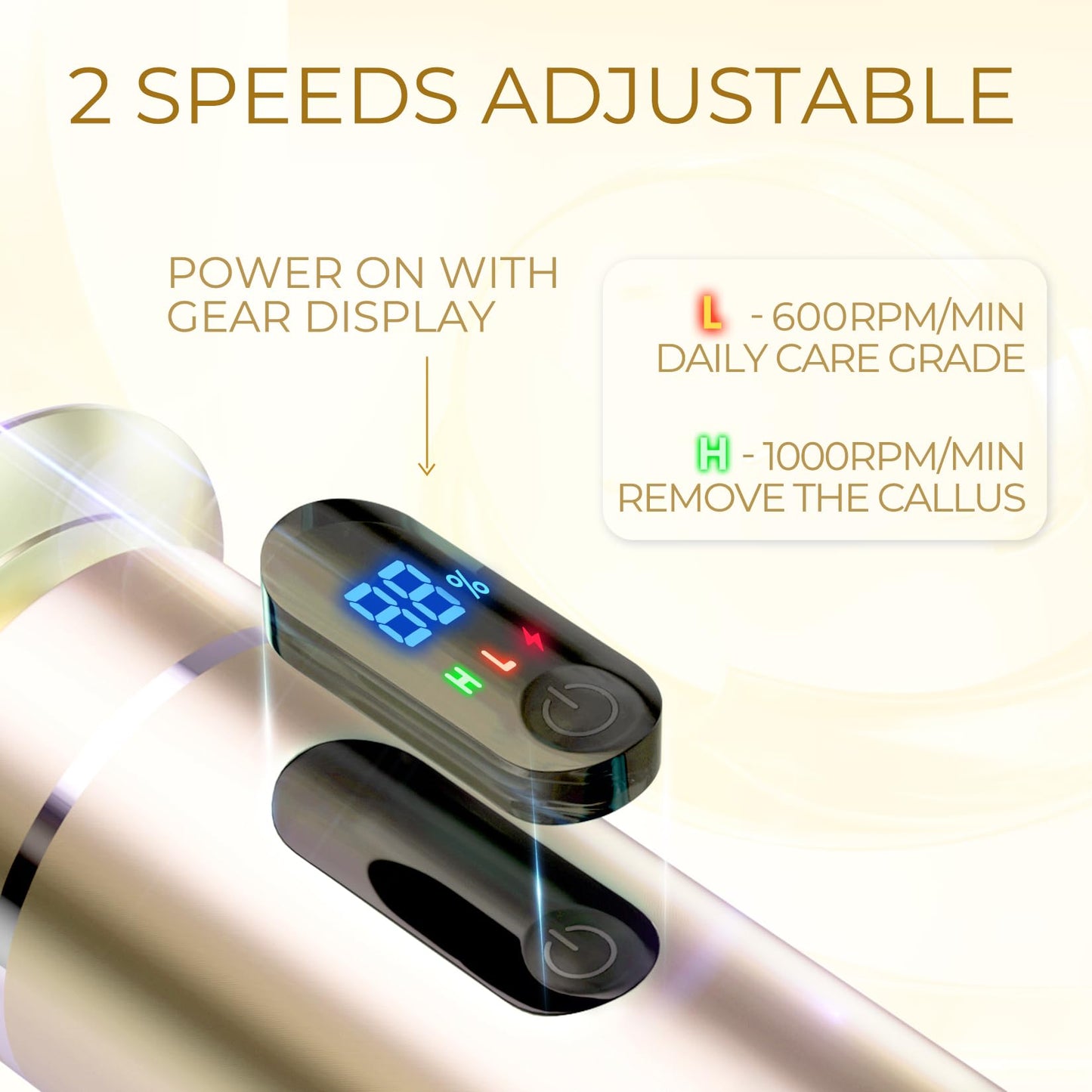 krofaue Electric Foot File Callus Remover - Electric Callus Remover for Feet Rechargeable Foot Grinder Professional Pedicure Tools 2 Speed Adjustable with 60pcs Sandpaper for Dead Cracked（Gold）