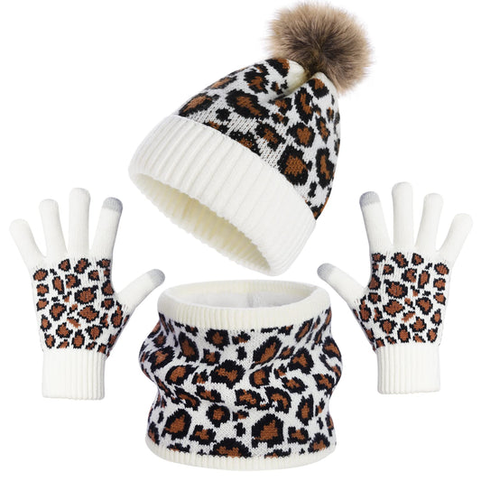 3 Pcs Leopard Print Winter Hat Gloves Scraf with Knit Plush Lined Set for Women and Teenagers