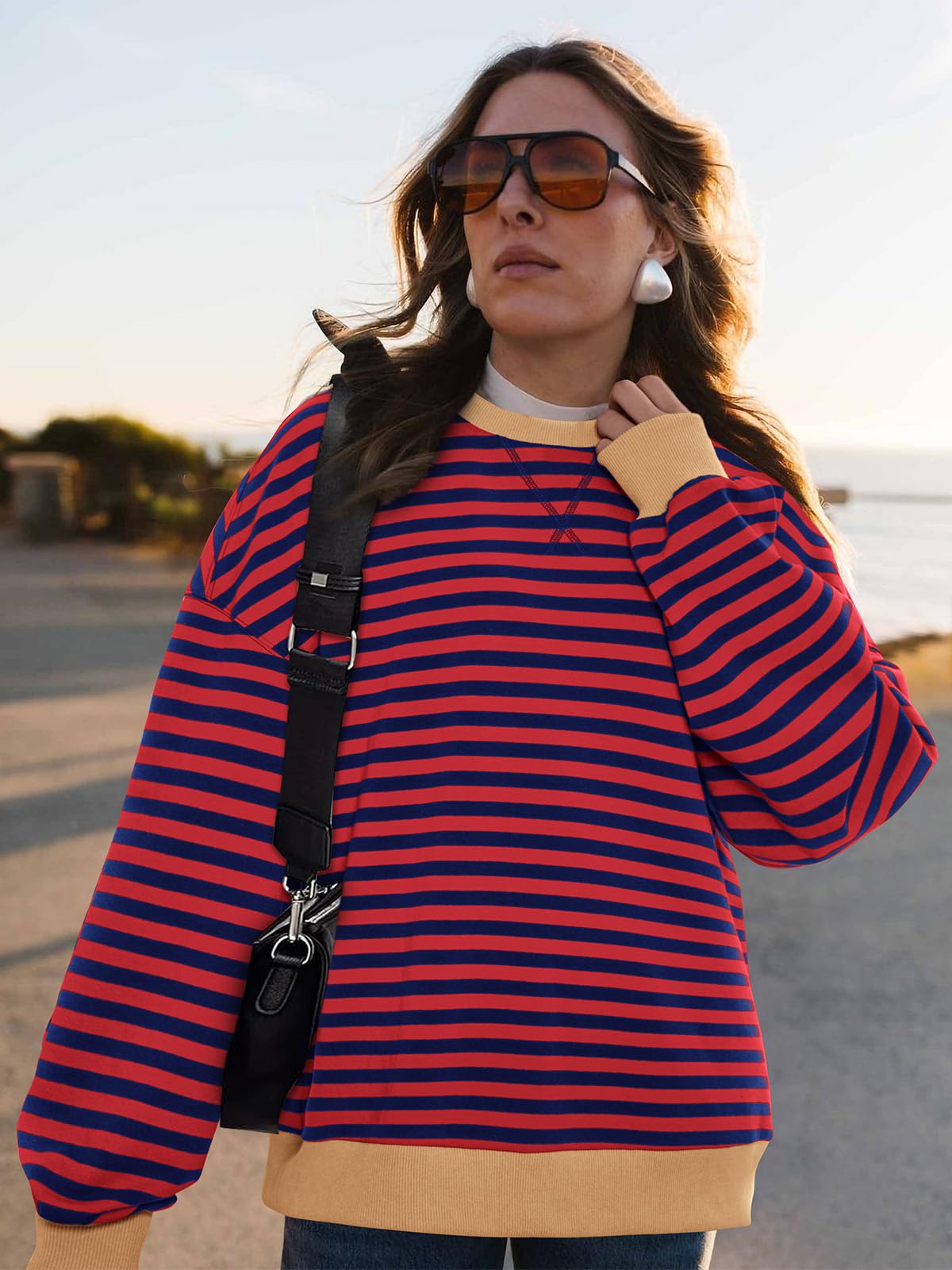 PRETTYGARDEN Womens Oversized Sweatshirt Casual Striped Color Block Long Sleeve Crewneck Pullover Tops Spring Y2k Clothes (Red Navy, Medium)