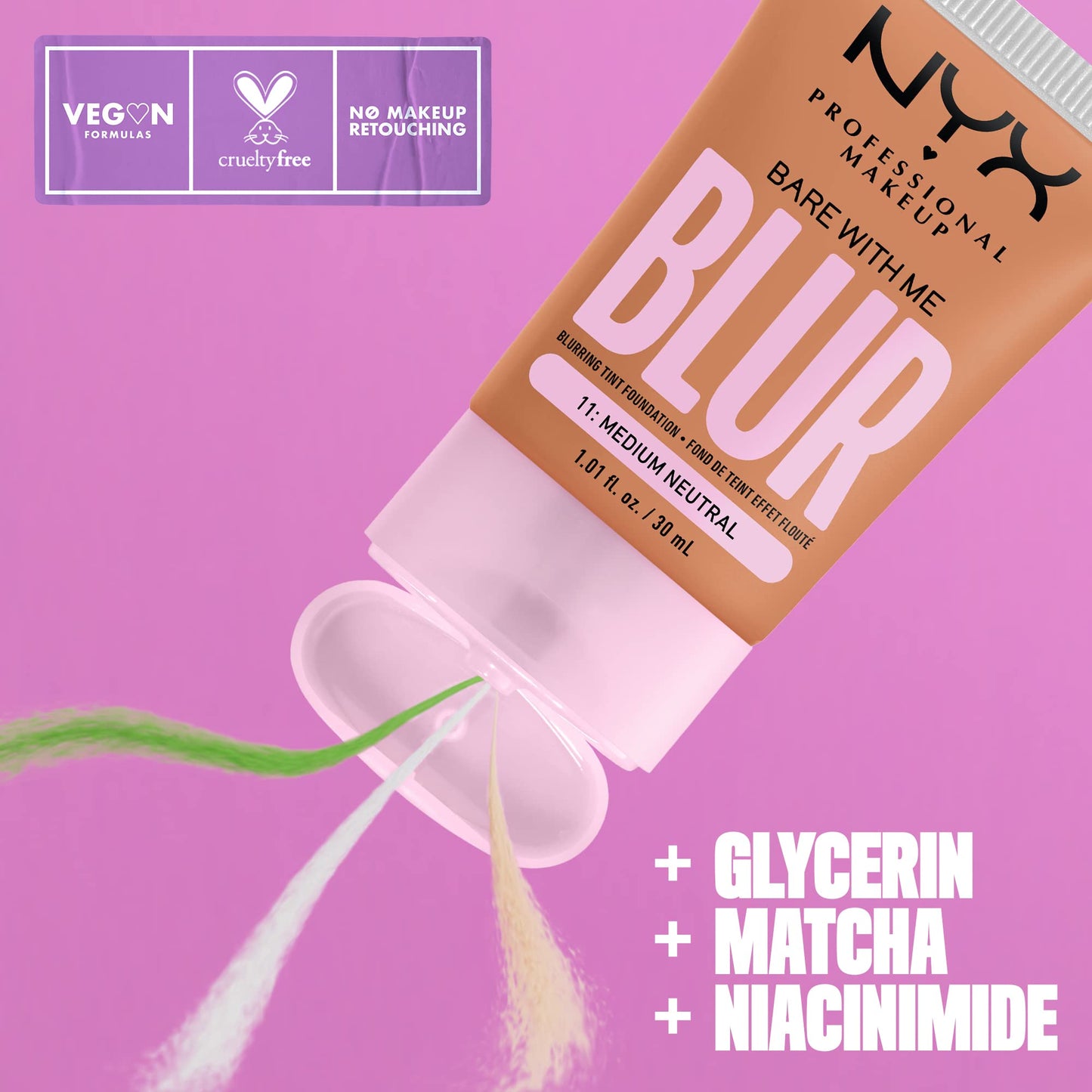 NYX PROFESSIONAL MAKEUP Bare With Me Blur Skin Tint Foundation Make Up with Matcha, Glycerin & Niacinamide - Medium Neutral