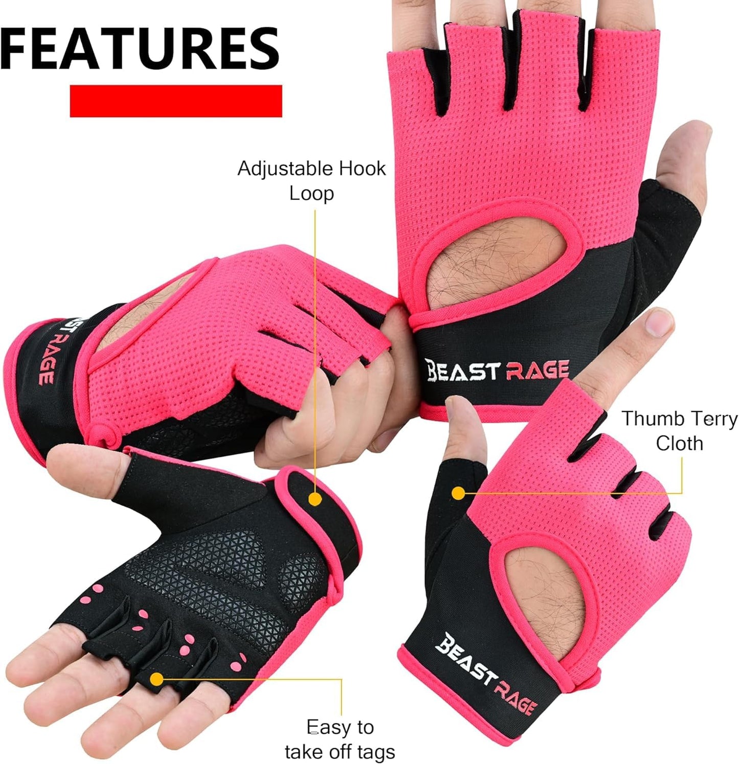 BEAST RAGE Workout Gloves for Men Gym Gloves for Weightlifting Women Fingerless with Palm Protection Padding, Breathable and Lightweight Weight Lifting Gloves Cycling Pull Up (Magenta, S)