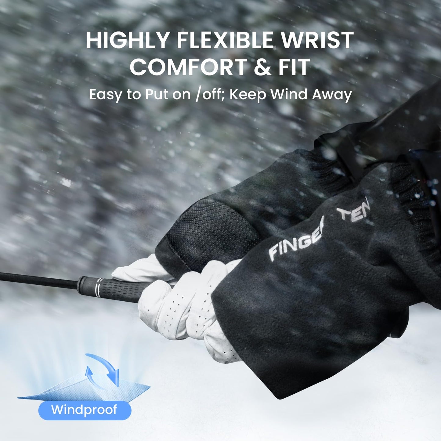 FINGER TEN Winter Golf Gloves Men Mitts Mitten Warm Fleece in Pair, Pull Up Fit Soft Comfortable Set (Upgraded Palm, Large)