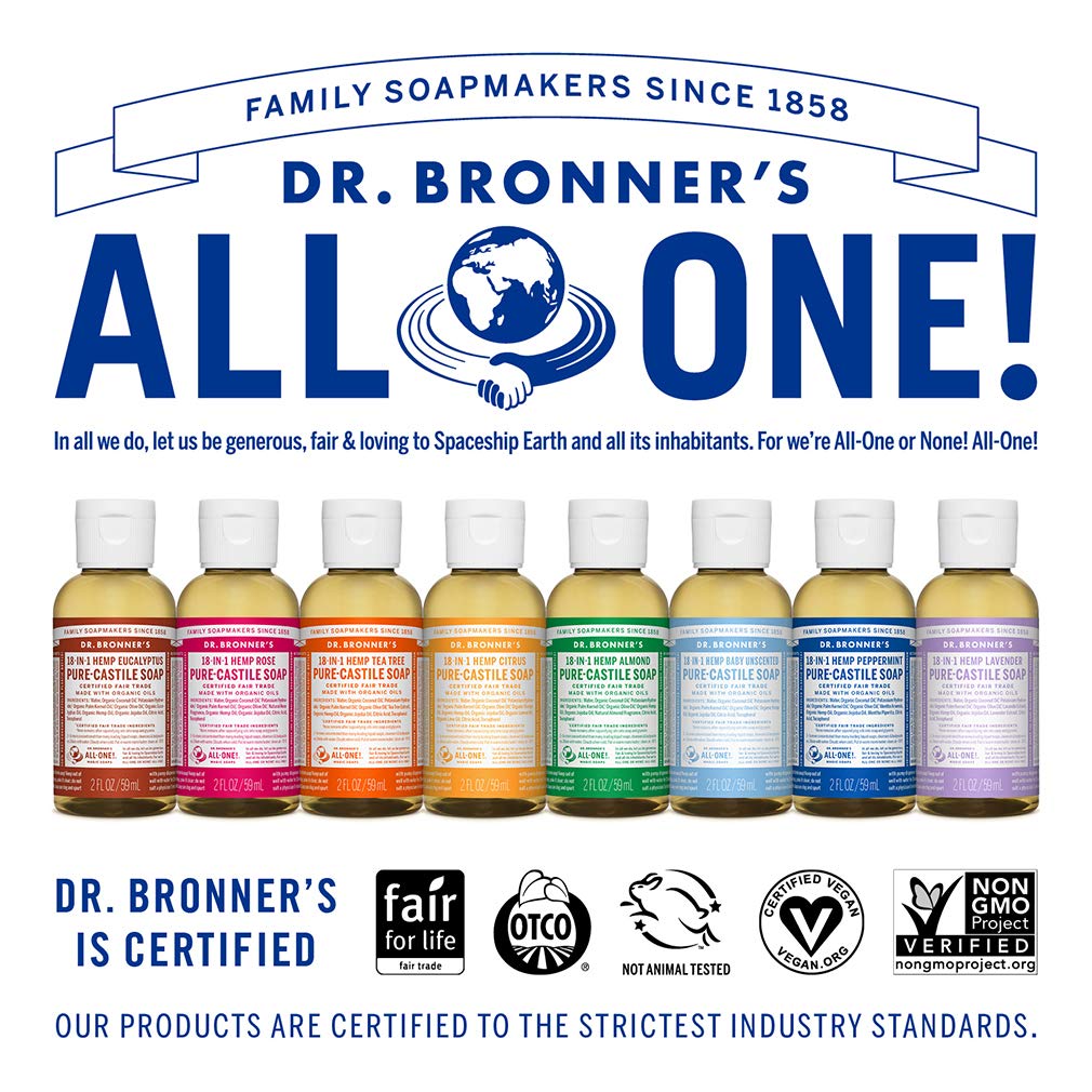 Dr. Bronner’s - Pure-Castile Liquid Soap (Baby Unscented, Travel Size, 2 ounce) - Made with Organic Oils, 18-in-1 Uses: Face, Body, Hair, Laundry, Pets and Dishes, Concentrated, Vegan, Non-GMO