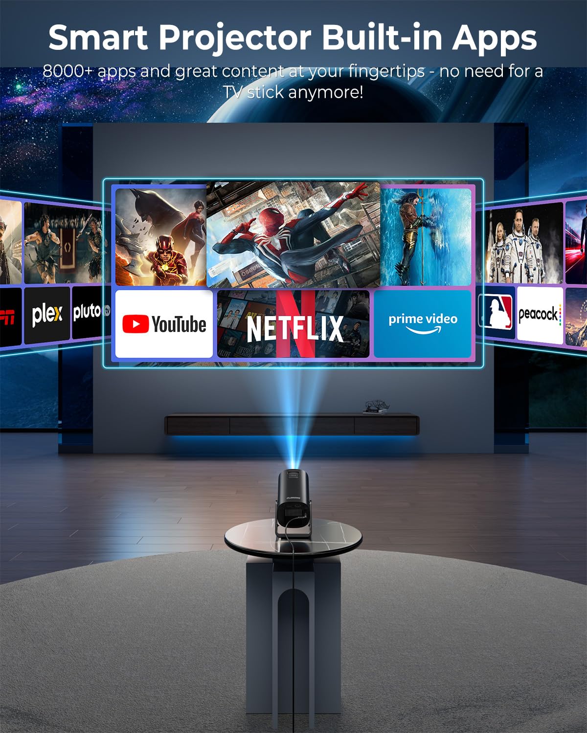 CLOKOWE Mini Projector, 4K 1080P Support projector with wifi and bluetooth,270°Adjustable Stand Outdoor Home Theater galaxy Projector with Android TV OS & 8000+APPS for Phone/TV Stick/Laptop/HDMI