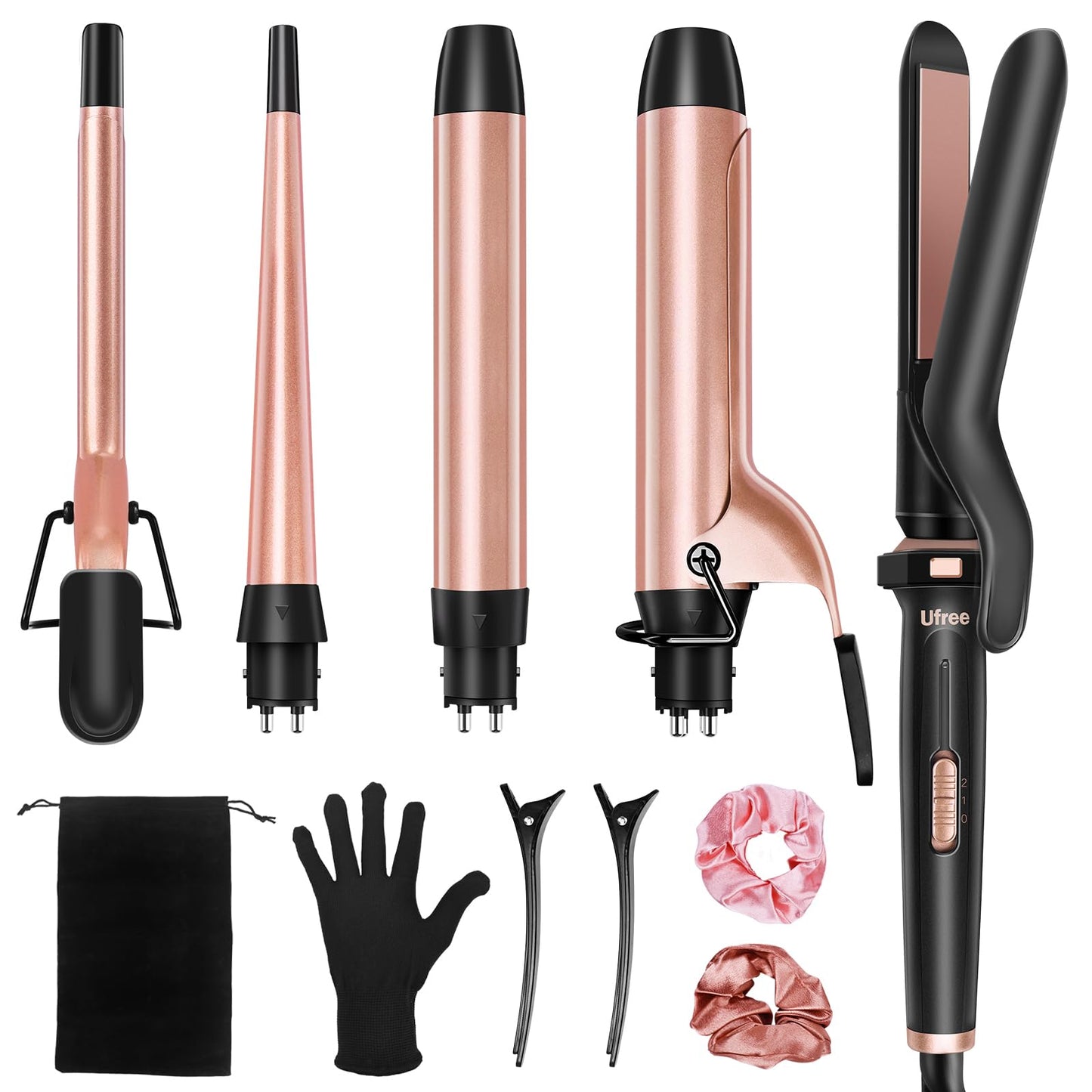 Ufree 5 in 1 Curling Iron with Interchangeable Ceramic Barrels (0.35"-1.25"), Curling Wand Set with Flat Iron Hair Straightener, Instant Heat Up, Dual Voltage Hair Curler, Gifts for Women