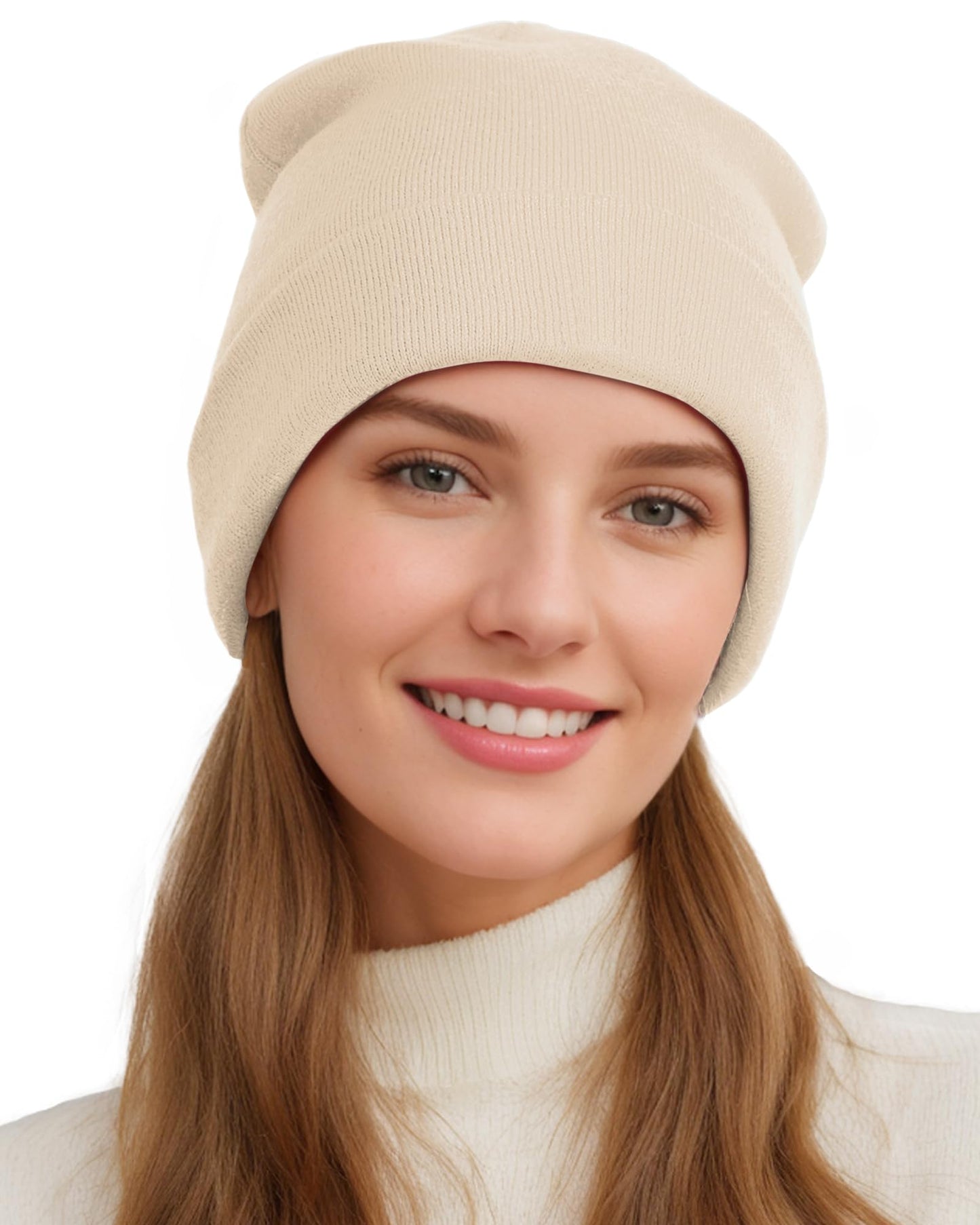 Womens Satin Lined Beanie Wool Knit Cuffed Warm Winter Hats for Women Men Soft Slouchy Silk Lining Beanies Skull Cap Beige