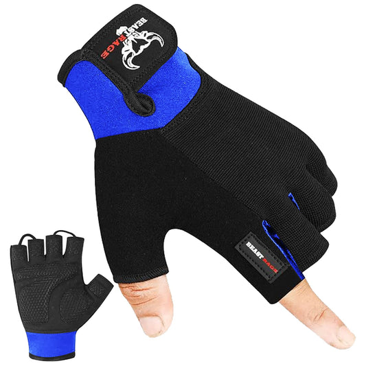 BEAST RAGE Workout Gloves for Men, Durable Palm Grip Gym Gloves Women Half Finger Elasticated Training Weight Lifting Strength Bodybuilding Anti Slip Cycling Gloves Exercise (Blue, S)