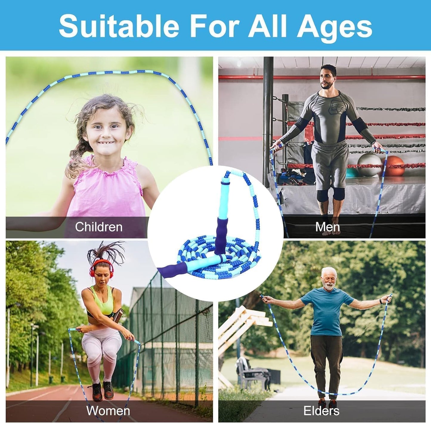 GRAWUN Jump Rope For Kids, Soft Beaded Jump Rope, Adjustable Length Tangle-Free Segmented Soft Beaded Skipping Rope，for Women, Men and Kids Keeping Fit, Workout and Weight Loss（2 PACK）