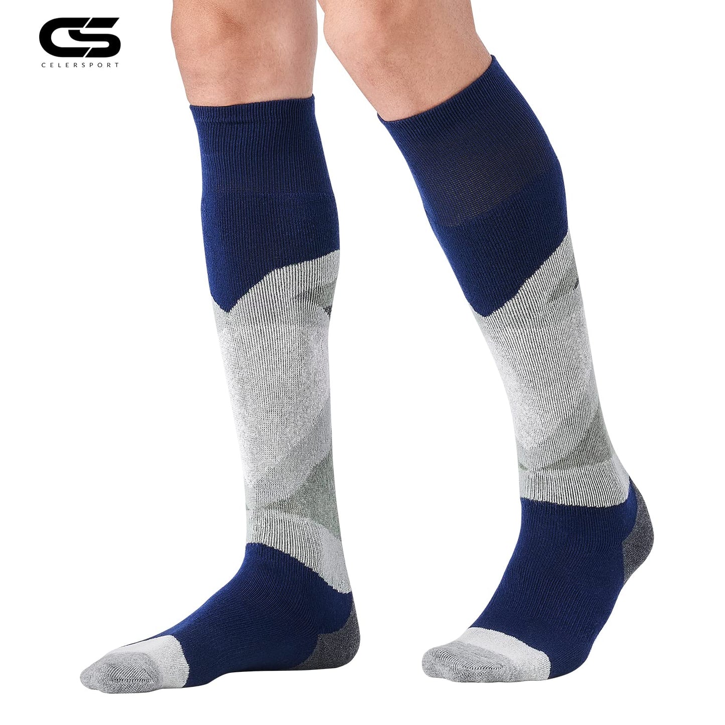 CS CELERSPORT 2 Pack Merino Wool Ski Socks with Full Cushion, Winter Warm Thermal Socks for Skiing Snowboarding, Navy Blue+Light Grey, Large