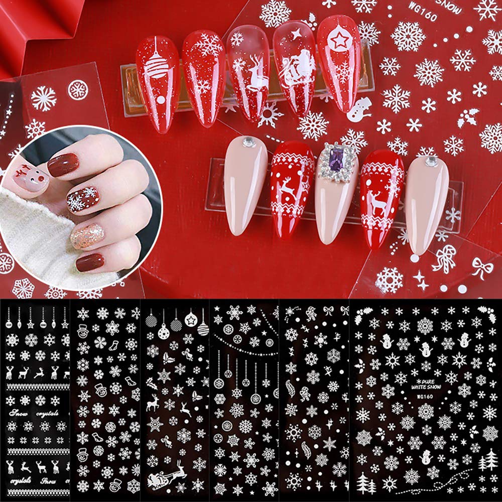 Christmas Nail Stickers - 3D White Self-Adhesive Snowflake Nail Art Decals Snowflakes Snowmen Santa Claus Elk Xmas Design Nail Stickers DIY Manicure Decorations for Women Girls Kids